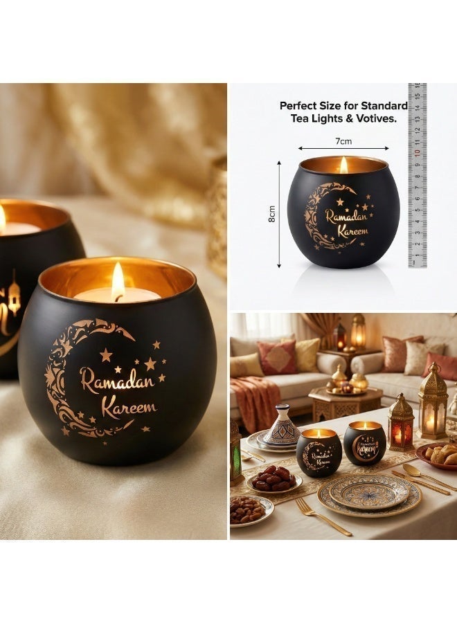 طقم حامل شموع زجاجي من قطعتين بتصميم "رمضان كريم" - أسود وذهبي بنقش هلال ونجوم - ديكور طاولة مثالي لشهر رمضان والعيد - Image 4